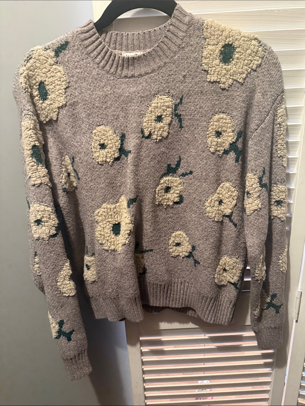 Cozy Taupe Floral Textured Crewneck Sweater